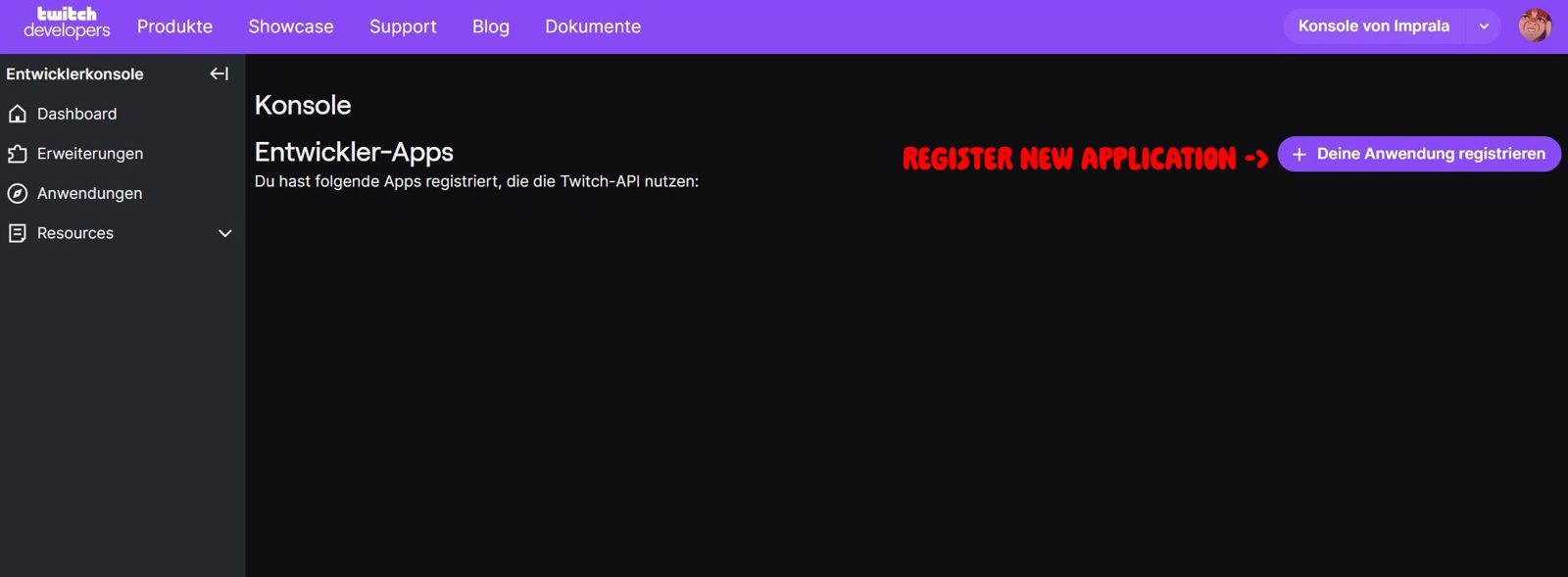 Twitch developer console with the button to register an application highlighted.