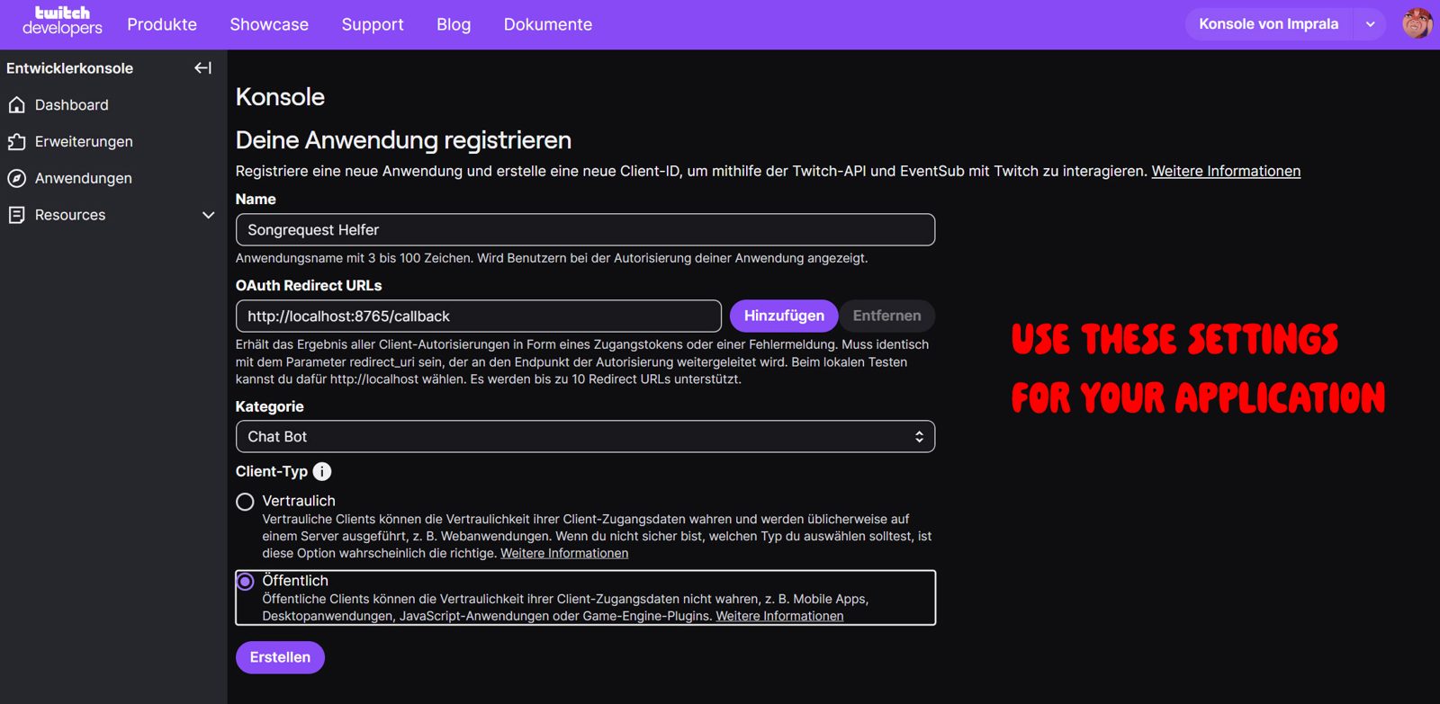 Registration form: name, local redirect URL, category Chat Bot and public client type.