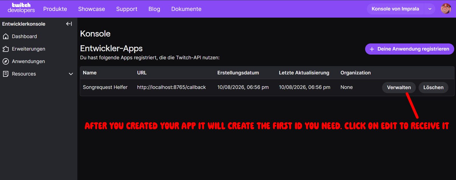 The Twitch application in the list; the arrow points to Manage.