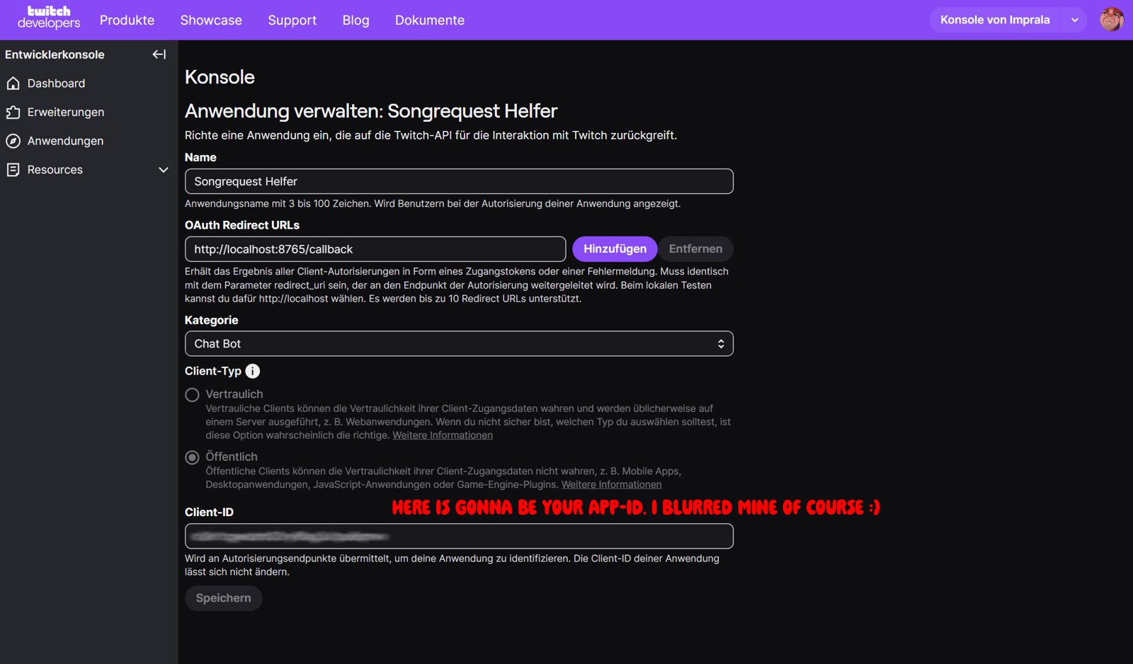 Detail page of the Twitch application with the Client ID highlighted.