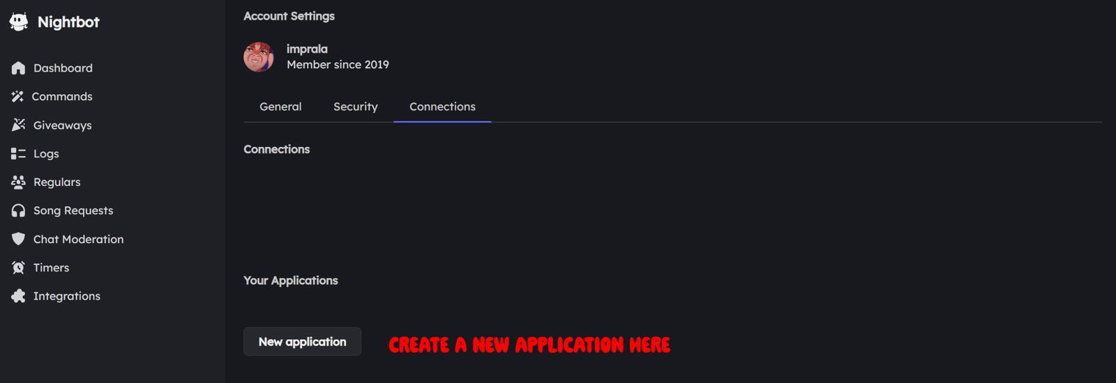 Nightbot account settings with the Connections tab and New application.