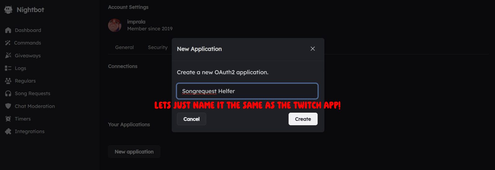 Nightbot dialog for creating the application Songrequest Helfer.