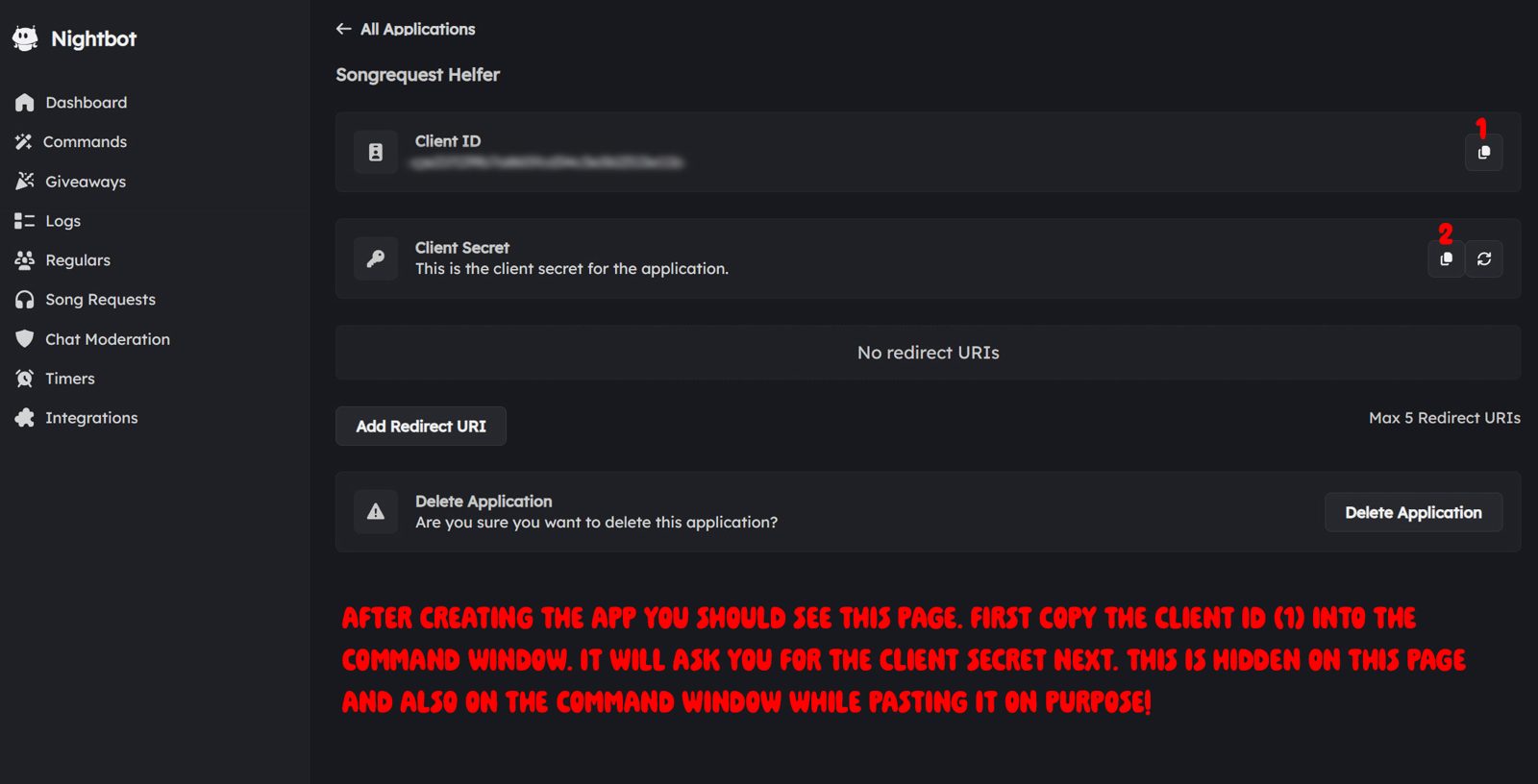 Nightbot app with copy icons for Client ID (1) and Client Secret (2); the redirect URI is added via Add Redirect URI.